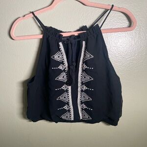 House of Harlow Crop Top Goddard Black Cream Embroidery Boho Tassel Aztec XS
